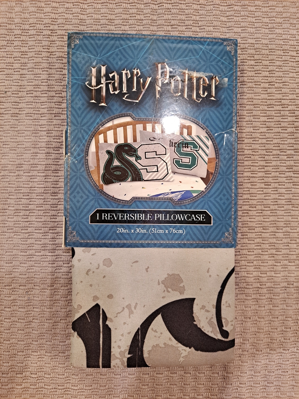 Harry Potter Slytherin House Reversible Pillowcase Green Cream 20x30 Snake Crest